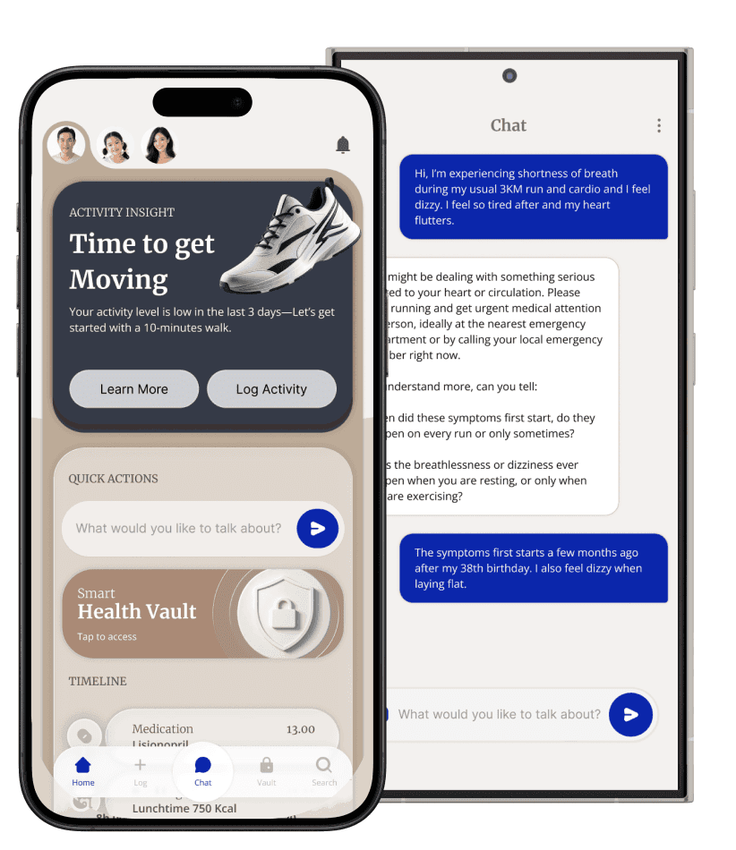 Docseek on a phone — activity insight, chat and daily log screens